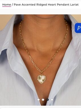 Pavé Ridged (flutted) Heart Pendant Lariat Necklace - Gold (looks like Foundrae)